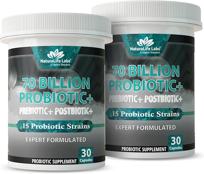 NaturaLife Labs Probiotics 70 Billion CFU – 15 Strains with Organic Prebiotic & Postbiotic – 3-in-1 Formula – 30 Vegan Capsules (2 Pack)