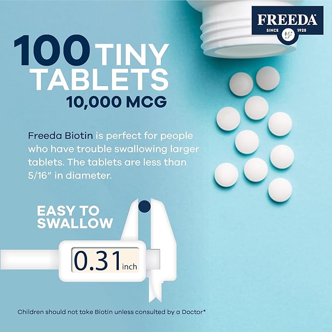 FREEDA Biotin 10,000 mcg – Hair, Skin & Nails Supplement – High-Potency B7 for Hair Growth & Strong Nails – Vegan, Kosher Tablets with D-Biotin – 100 Tiny Tablet