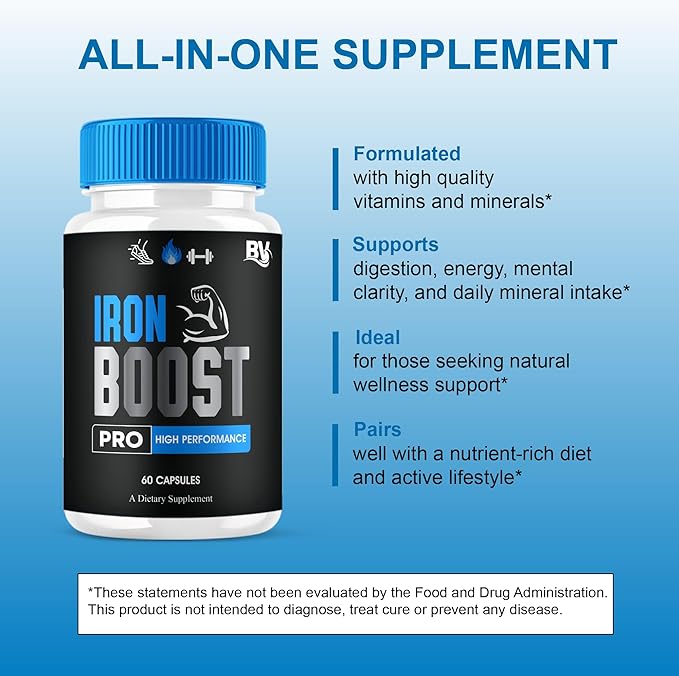Iron Boost Pro Premium Supplement Capsules, Iron Boost Advanced Health Supplement Pills, Iron Boost Premium Daily Advanced Health Support and Overall Wellness Formula by Blue Vibe (60 Capsules)