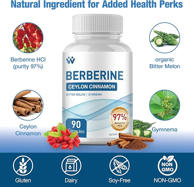 Berberine Supplement 1500mg - Berberine with Ceylon Cinnamon, Berberine HCl 97% Purity Complex Supplements, Non-GMO Vegan - 180 Capsules
