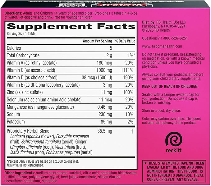 Airborne Variety Pack 1000mg Vitamin C with Vitamin D & Zinc, Sugar Free Multivitamin Immune Support Supplement, Antioxidants Vitamins A C & Vitamin E, 30 Effervescent Tablets, Citrus + Verry Berry