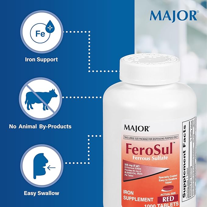 Major FeroSul - Ferrous Sulfate 325 mg Tablets - Iron Supplement for Women and Men - Specially Coated Easy-to-Swallow Tablets - Red - 1000 Count