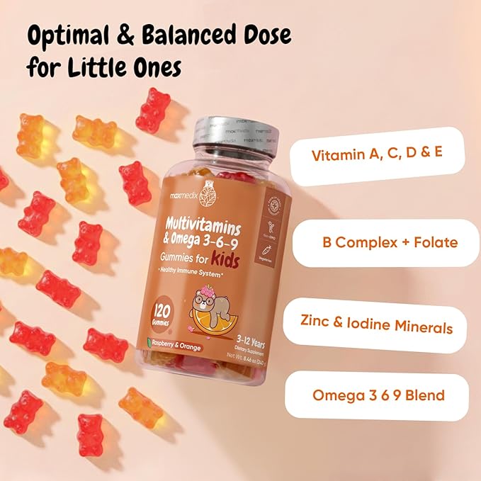 maxmedix Kids Multivitamin Gummies with Omega 3 6 9 | 20 Key Vitamins C, A, D, E, B12 & Zinc - Daily Multivitamin for kids Healthy Immune System, Raspberry & Orange Flavors, 2-Month Supply (120 Count)