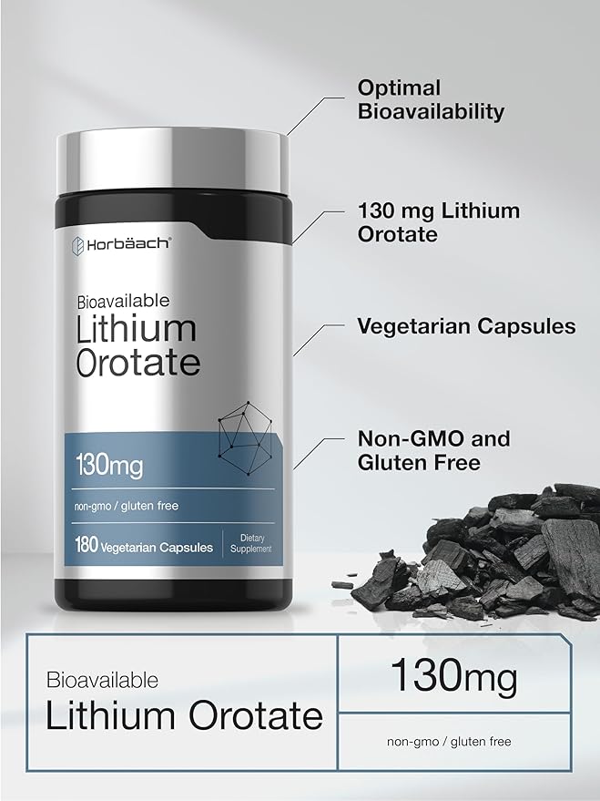 Horbäach Lithium Orotate 130mg | 180 Capsules | Non-GMO, Gluten Free, Vegan | 5mg Bioavailable Elemental Lithium