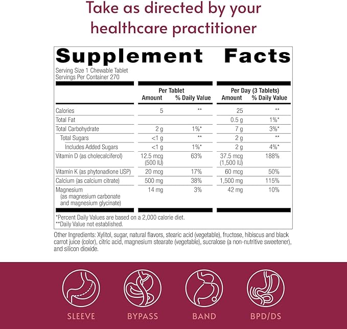 Bariatric Advantage Calcium Citrate Chewable 500mg with Vitamin D3 for Bariatric Surgery Patients Including Gastric Bypass and Sleeve Gastrectomy, Low Sugar - Wild Cherry Flavor, 270 Count