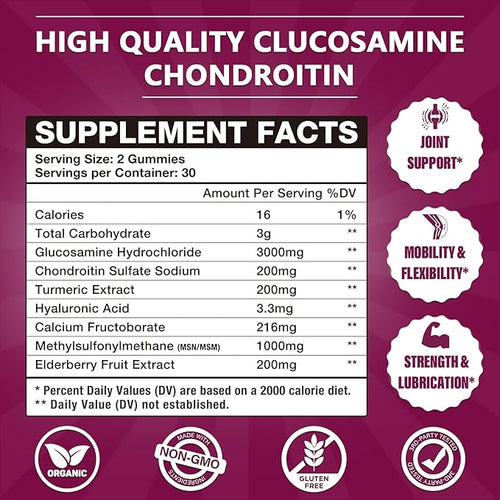 2 Packs 3000MG Glucosamine Chondroitin Gummies, Extra Strength Joint Support Supplement with MSM & Elderberry, Flexibility, Antioxidant Immune Support Gummy for Adults, Men & Women 120Cts