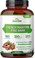 Zazzee Extra Strength French Maritime Pine Bark Extract 20:1, 350 mg Per Capsule, 95% Proanthocyanidins, 180 Vegan Capsules, 6 Month Supply, Certified Kosher, Antioxidant Support, Non-GMO, Made in USA