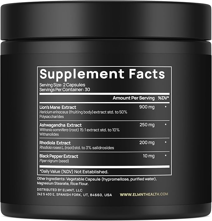 16x Strength Lions Mane Supplement Capsules Super Nootropic w. Ashwagandha & Rhodiola - Highest Potency 16:1 Lion's Mane Mushroom Extract 50% Polysaccharides Brain Supplements for Memory and Focus