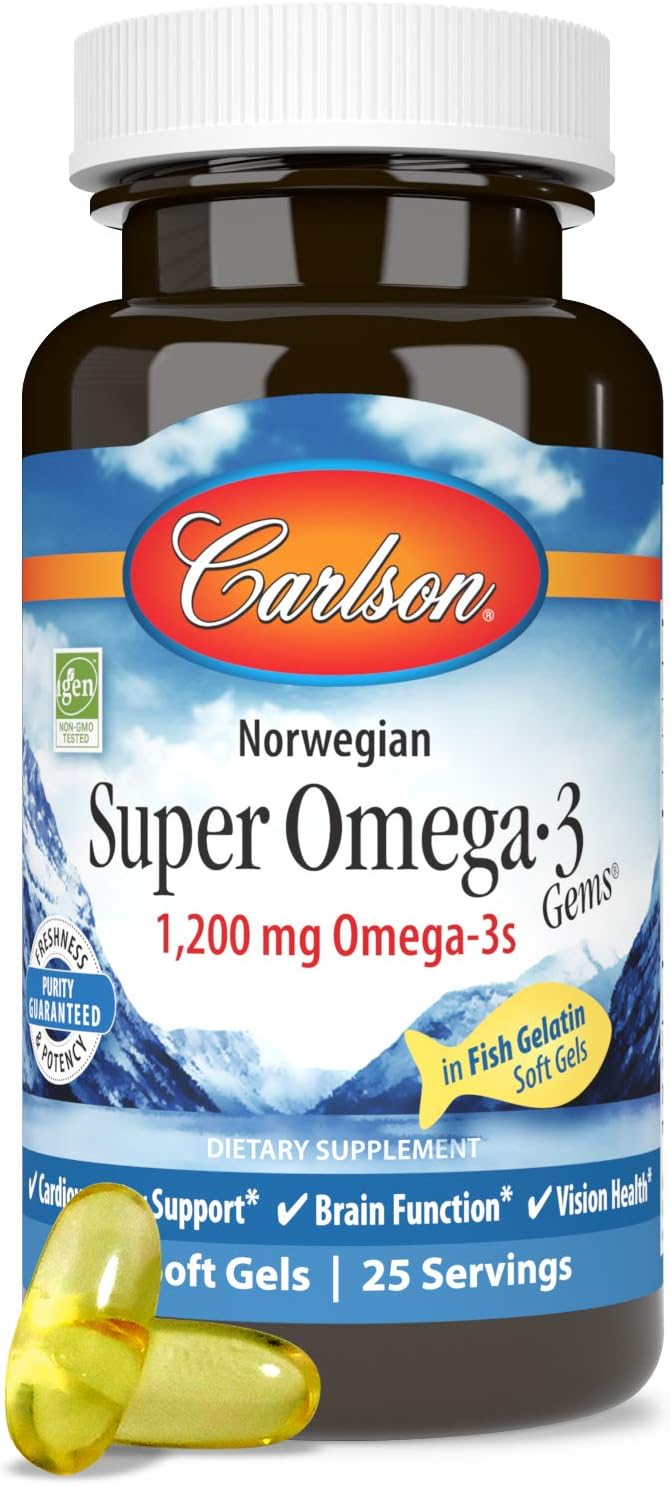 Carlson - Super Omega-3 Gems, 1200 mg Omega-3s, Norwegian, Cardiovascular Support, Brain Function & Vision Health, 50 soft gels