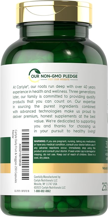 Carlyle Fruits and Veggies Supplement | 250 Capsules | Made with 30 Fruits and Vegetables | Vegetarian, Non-GMO, Gluten Free Superfood Formula
