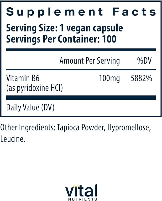 Vital Nutrients Vitamin B6 - Vegan Pyridoxine HCl B6 Vitamins for Nervous System, Muscle, Bone Health* - High-Potency Vitamin B6 for Menstrual Discomfort * - Gluten, Dairy, Soy Free -100 Capsules