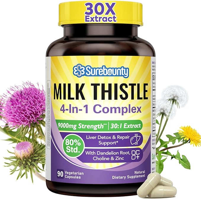 4-in-1 Milk Thistle Complex for Men & Women, Milk Thistle Extract with 240mg of Active Silymarin, 80% Std, with Dandelion, Choline, Zinc, Liver Detox & Repair, Non-GMO, Once Daily, 90 Veggie Caps