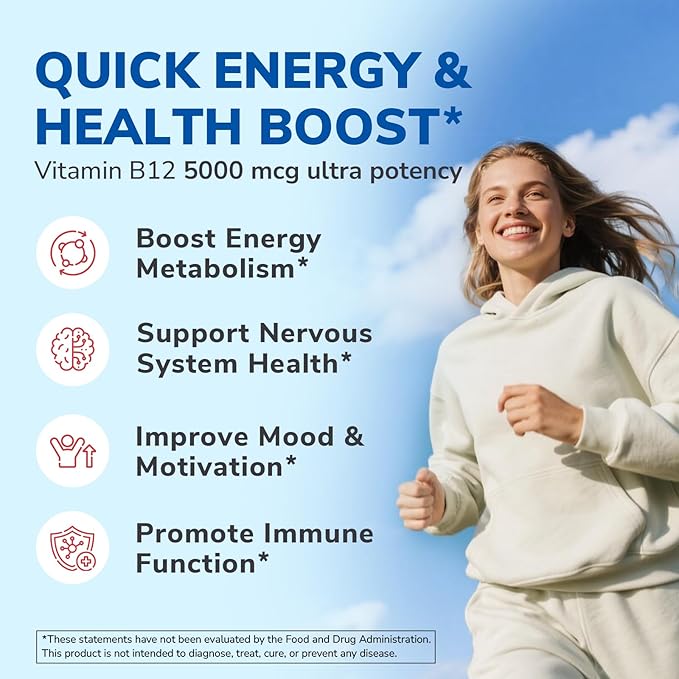 Vitamin B12 5000 mcg, Sublingual Methylcobalamin, Natural Peach Flavor, Nervous System Health, Energy Support, No Sugar, 300 Fast Dissolve Tablets