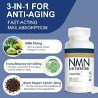 1100mg NMN & Trans-Resveratrol, 3-in-1 Supplement, 60 Veggie Capsules – Supports NAD+ Boost*, Cellular Energy, Immune Function, Muscle Health & Anti-Aging, 30-Day Supply