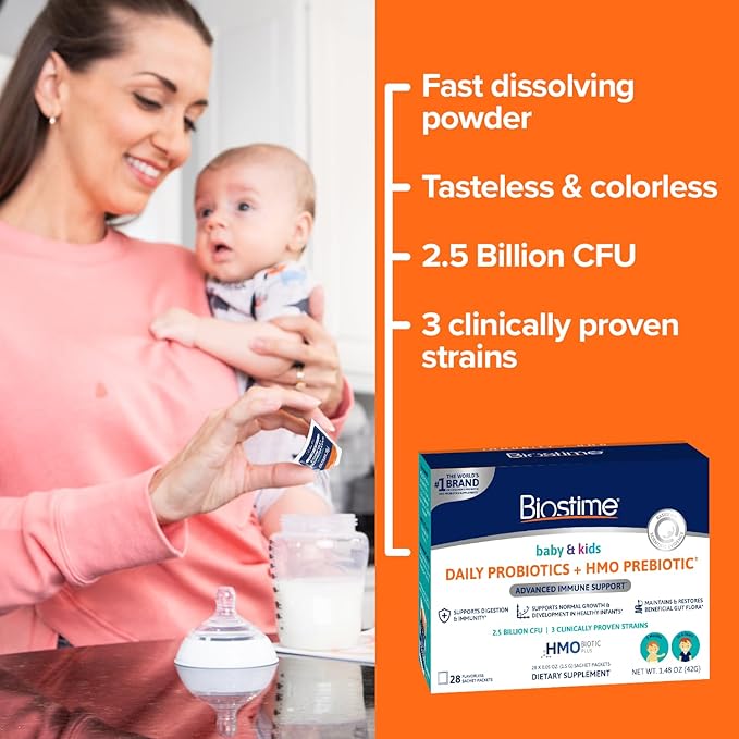 Biostime Baby Probiotic for Kids with HMO & Prebiotic Fiber | Immune Support | Constipation Relief and Digestion Support Probiotics for Kids, Toddlers and Infants - 28 Powder Packets