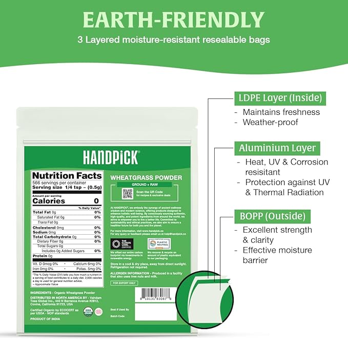HANDPICK USDA Organic Wheatgrass Powder (10oz) Rich Green Powder - Lab Tested | 100% Whole Leaf | Gluten Free, Non-GMO | No Sugar, No Artificial Ingredients | Resealable Ziplock Pouch