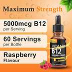 Vitamin B12 Liquid Drops - Vegan B12 vitamins 5000 mcg Methylcobalamin Fast-Acting Sublingual B Complex Liquid Vitamin B2, B3, B6 - Non-GMO, No Dairy, Soy & Sugar, Raspberry Flavor, 2 fl. oz.