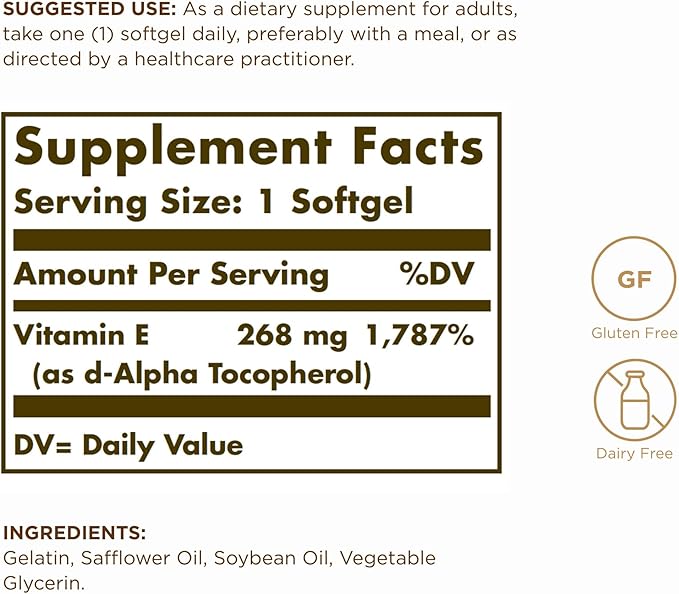 Solgar Vitamin E 268 mg (400 IU) - 100 Softgels - Naturally-Sourced Vitamin E as d-Alpha Tocopherol - Gluten Free, Dairy Free - 100 Servings