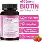 Biobor Natural 6000mcg Biotin Gummies No Sugar Added, Hair Skin and Nails Beauty Gummies with Vitamins A C E for Women Men, GMO Free, Gluten Free