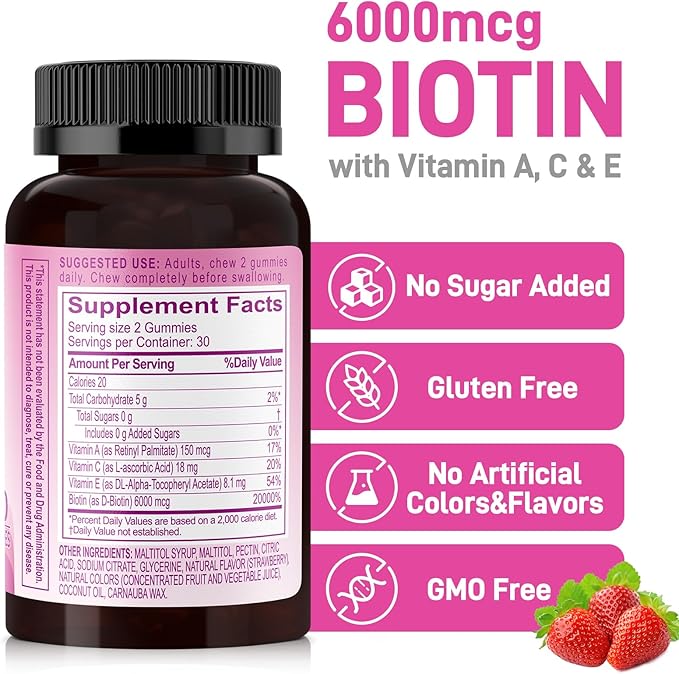 Biobor Natural 6000mcg Biotin Gummies No Sugar Added, Hair Skin and Nails Beauty Gummies with Vitamins A C E for Women Men, GMO Free, Gluten Free