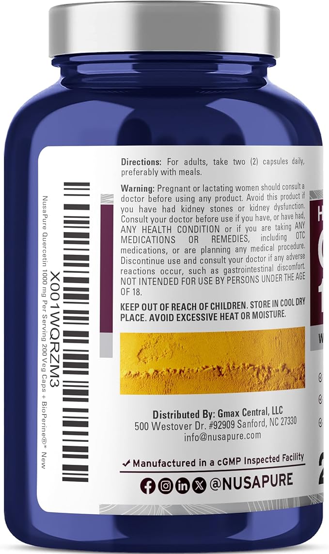 NusaPure Quercetin - Suitable for Vegetarian/Vegan, Non - GMO - 1000 mg - 200 Capsules