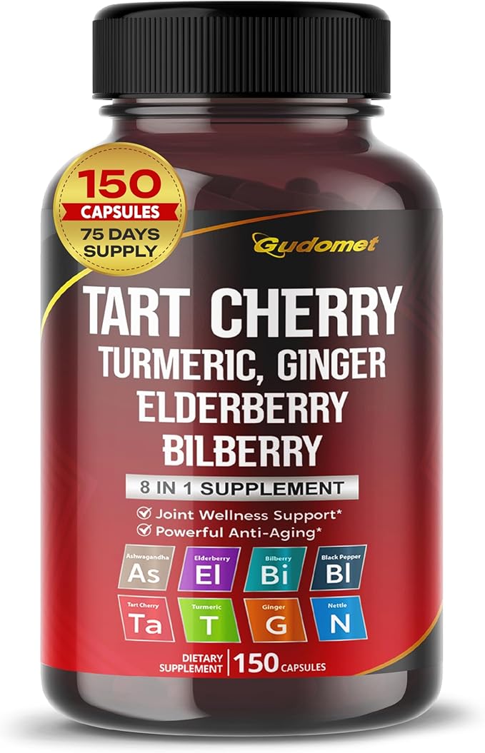 Tart Cherry Turmeric Ginger Stinging Ashwagandha Elderberry Bilberry Black Pepper -150 Capsules