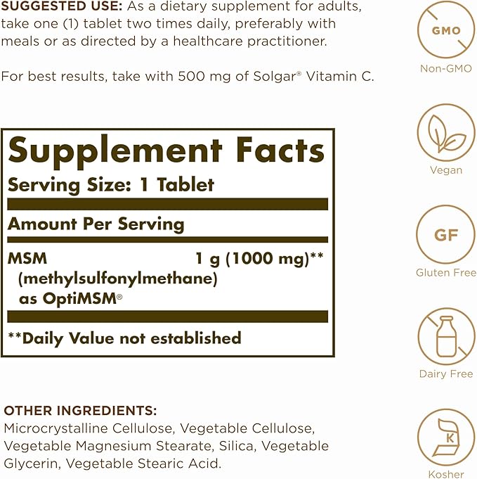 Solgar MSM 1000 mg - 120 Tablets, Pack of 2 - Supports Joints & Connective Tissue - Non-GMO, Vegan, Gluten Free, Dairy Free, Kosher - 240 Total Servings