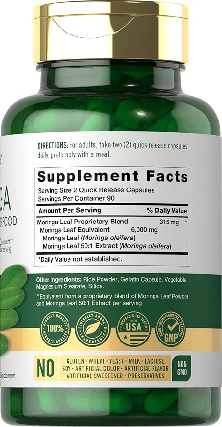Carlyle Moringa Oleifera Supplement | 180 Capsules | Complete Green Superfood for Women and Men | Non-GMO and Gluten Free | from Moringa Leaf Powder