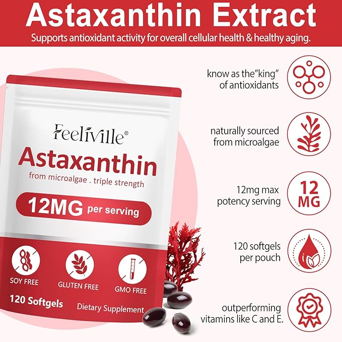 Astaxanthin 12mg, 120 Softgels, 4 Month Supply | Premium Astaxanthin Antioxidant Supplements | Fresh Microalgae Source | Supports Eye, Joint, Internal Circulation, Skin Health