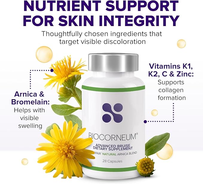 BIOCORNEUM Advanced Bruise Dietary Supplement – Internal Support for Visible Bruise Recovery – Professional-Grade Bruise Remedy with Arnica, Bromelain & Vitamins K1, K2, C & Zinc – 28 Capsules