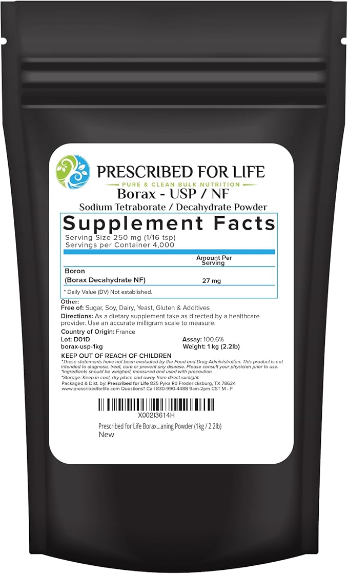 Prescribed for Life Borax Powder, Pure USP NF Grade All Natural Sodium Borate Powder, Household Laundry Booster, Slime Activator & Multipurpose Cleaning Powder (1kg / 2.2lb)