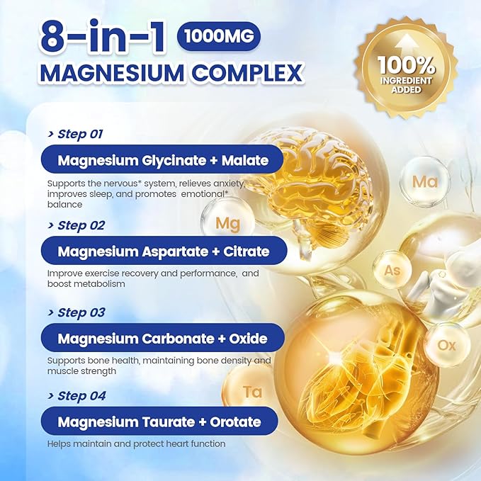 1000mg Magnesium Complex Capsules, 8 Elemental with Magnesium Glycinate, Citrate, Malate, Taurate, Oxide, Carbonate, Aspartate, Orotate for Bones, Muscle, Recovery, Energy, Vegan Non-GMO, 2 Bottle