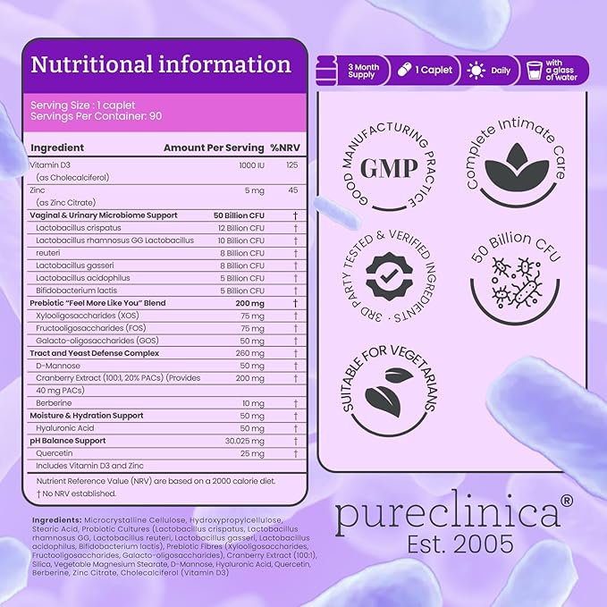Veev Intimate Flora - Vaginal & Gut Microbiome Support – 50 Billion CFU – Probiotics, Prebiotics, Cranberry, D-Mannose, Hyaluronic Acid – 90 Caplets – 3 Month Supply