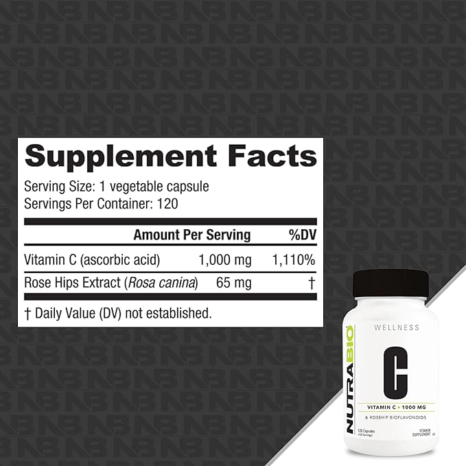 NutraBio Vitamin C with Rose Hips - Supports Healthy Bones, Teeth and Gums, Immune Function - No Fillers or Excipients - (120 Capsules, 1000mg of Vitamin C per Capsule)