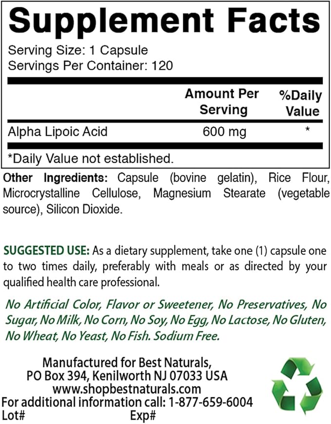 Best Naturals Alpha Lipoic Acid 600 mg & B-100 Complex