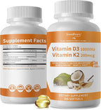 GREENPEOPLE K2 D3 Vitamin Supplement, Vitamin D-3 & K-2 MK-7, 10,000 IU/200 mcg, with Virgin Non-GMO Coconut MCT Oil | 300 Vegan Softgels | Bone Health, Immune Support