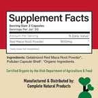 Organic Red Maca Root Capsules 800mg - Gelatinized Red Maca Powder Supplement, Plant Based Vegetarian Pills, Non GMO Clean Formula, 100 Count Glass Bottle, Made in USA Certified Organic Supplement