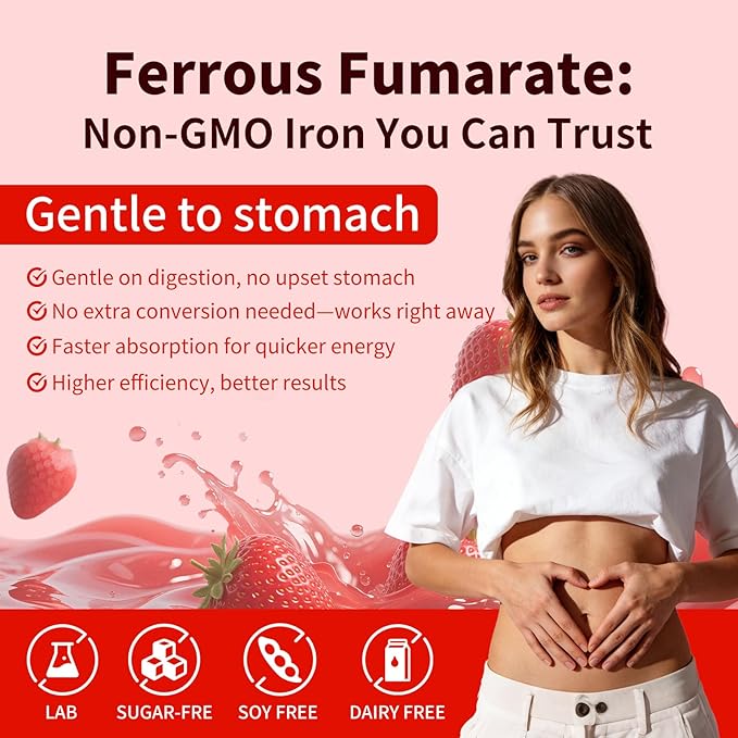 2 Pack Iron Gummies for Women & Kids, Sugar Free with Vitamin C, 20mg Gentle Iron for Whole Family, Non-Constipating, Blood Builder B12 & Folate, Energy Support, Strawberry 120 Count