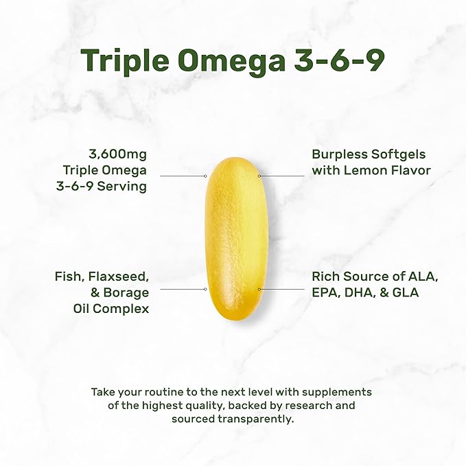 Triple Omega 3-6-9 Fish Oil Supplements 3,600mg – 240 Softgels with Flaxseed Oil & Borage Oils Complex – High EPA + DHA – Burpless Pills, Lemon Flavored, Wild Caught – Heart, Joint, & Brain Support