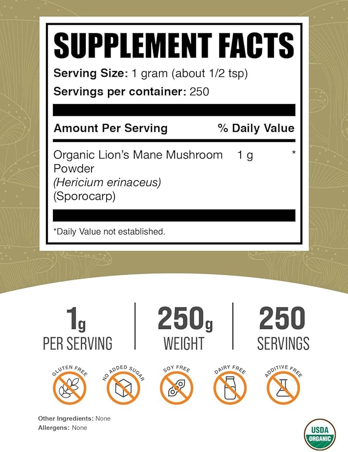 BulkSupplements.com Organic Lions Mane Mushroom Powder - Lions Mane Powder, Mushroom Supplement - Vegan & Gluten Free, 1g per Serving, 250g (8.8 oz) (Pack of 1)