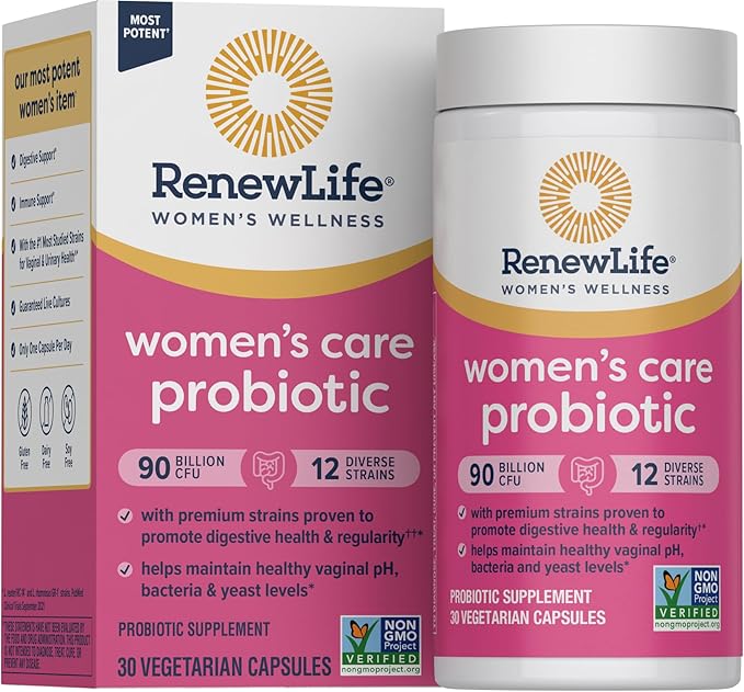 Renew Life Women's Probiotic Capsules, Supports pH Balance for Women, Vaginal, Urinary, Digestive and Immune Health, L. Rhamnosus GG, Dairy, Soy and Gluten-Free, 90 Billion CFU - 30 Ct
