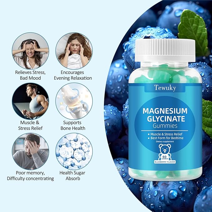 Magnesium Glycinate Gummies 2 Bottles, Sugar-Free for Adults & Kids, Best Magnesium Gummies for Sleep, Stress & Muscle Relief, Supports Bone & Nerve Health, Vegan, Pectin-Based, Blueberry Flavor