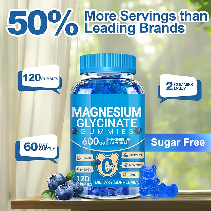 Magnesium Glycinate Gummies 600mg, Chewable Sugar Free Potassium Magnesium Gummies with Manganese Glycinate, Vitamin D, B6, and CoQ10 for Calm Support & Sleep for Adults, 60 Days Supply
