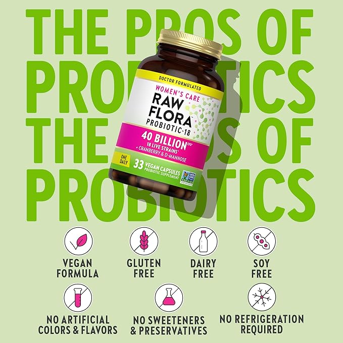 Raw Flora Women's Probiotics | Dr. Formulated 40 Billion CFU + Prebiotics | Digestive, Vaginal & Urinary Support | 33 Vegan Capsules with Cranberry & D-Mannose | Shelf Stable
