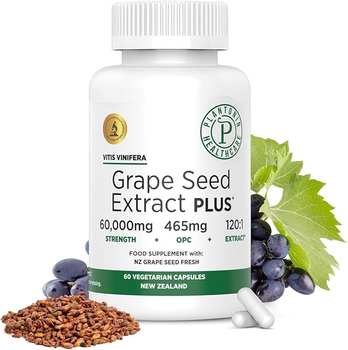Grape Seed Extract Plus-Vitis Vinifera (60 Capsules)-60,000 mg Strength, 60 Vegan Capsules, 465mg Polyphenols (Proanthocyanidins), Potent 120:1, 2 Month Supply, Non-GMO and All-Natural