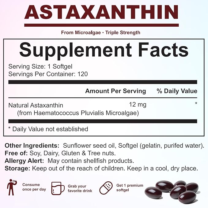 Astaxanthin 12mg Softgels - Premium Astaxanthin from Microalgae, Triple Strength, Immune Support - Non-GMO & Gluten Free 120 Softgels (1)