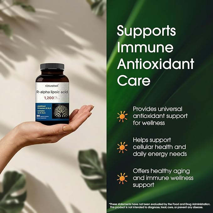 NatureBell R-Alpha Lipoic Acid - 90 Capsules - Delivers 1,200mg R-ALA Per Serving - Antioxidant & Cellular Energy Support* - Stabilized R-Isomer ALA - Non-GMO & Gluten-Free