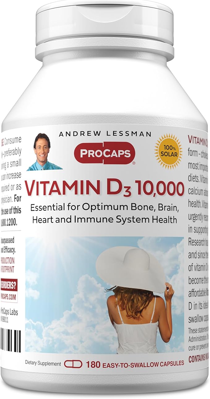 ANDREW LESSMAN Vitamin D3 10,000 IU 180 Capsules - High Potency, Essential for Calcium Absorption, Supports Bone Health, Healthy Muscle Function, Immune System, More. Small Easy to Swallow Capsules