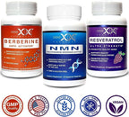GENEX NMN, Resveratrol, and Berberine Power Pack Supplements | 250mg Nicotinamide Mononucleotide (NMN), Ultra Strength 500mg Resveratrol, & AMPK Activator Berberine 500mg for Healthy Aging (3 Bottles)