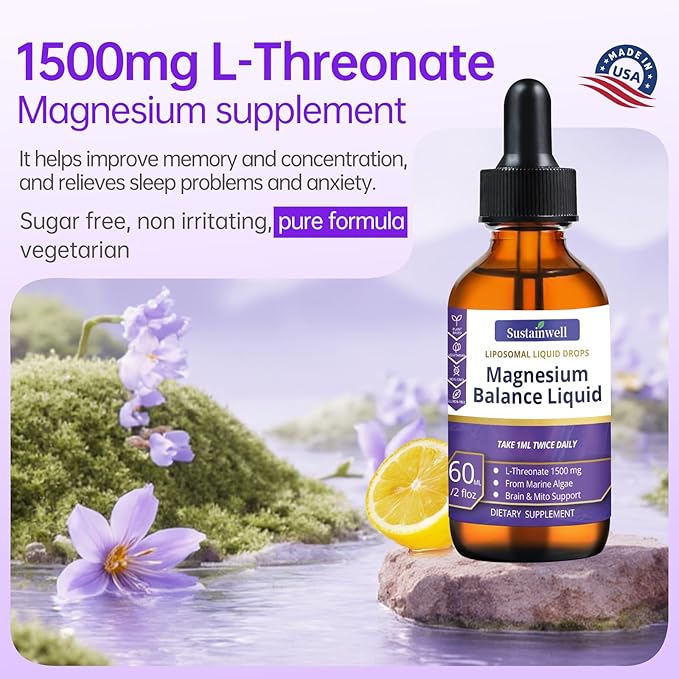 Magnesium L-Threonate Liquid Drops 1500mg High Absorption Brain Supplement for Memory Focus Sleep Sugar Free Vegan 2.04 Fl Oz,GMP Certification Applies to Both Kids and Adults.